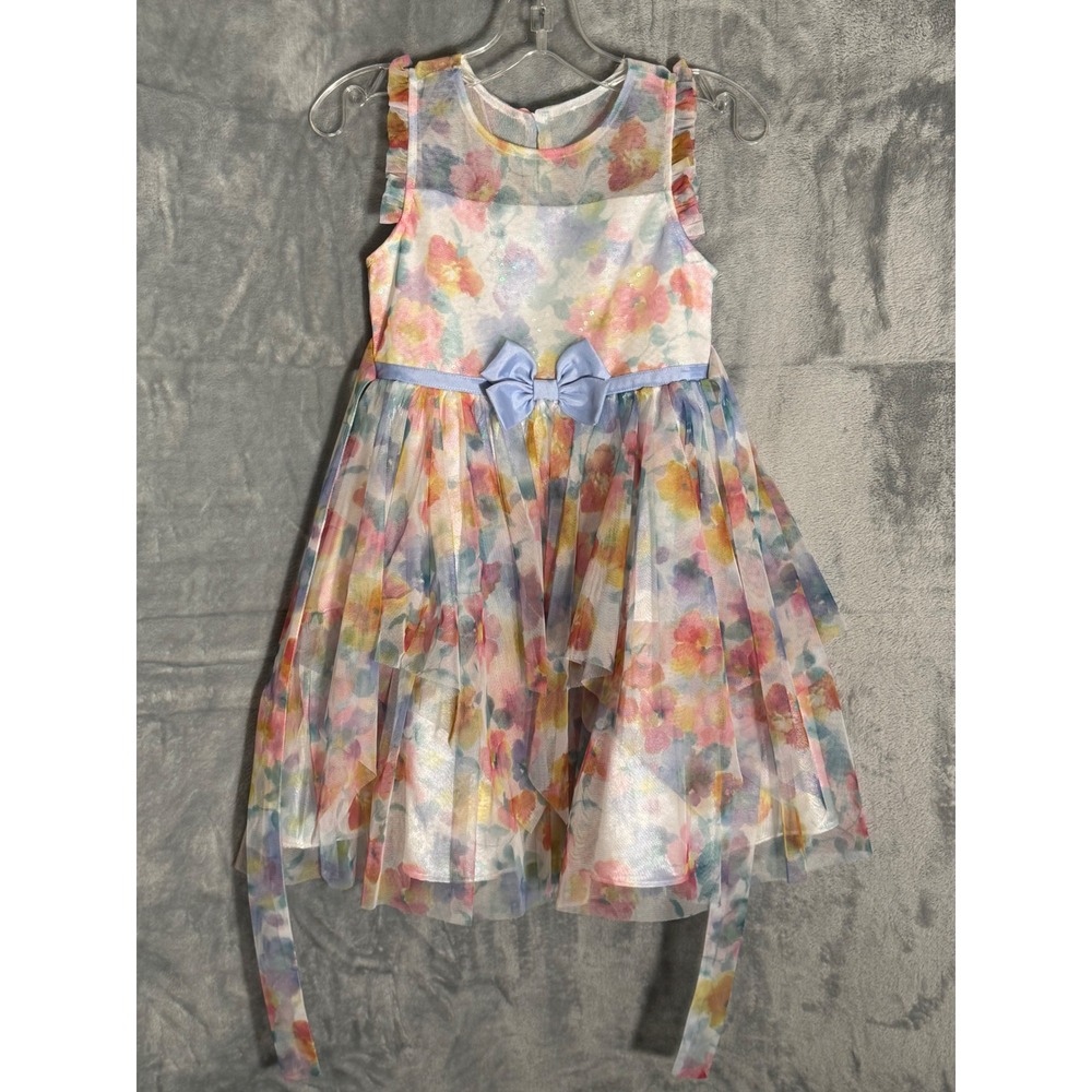 Jona Michelle Girls Floral Mesh Party Dress Blue Pink Watercolor Sequin Size 5